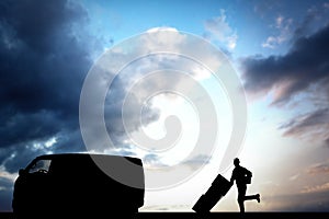 Composite image of happy delivery man with trolley of boxes running on white background