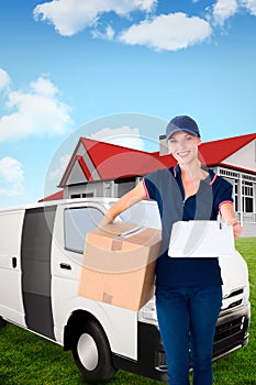 Composite image of happy delivery woman holding cardboard box and clipboard