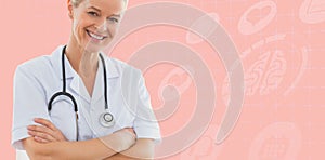 Composite image of happy doctor looking at camera with arms crossed