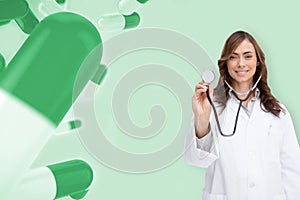 Composite image of happy doctor using stethoscope