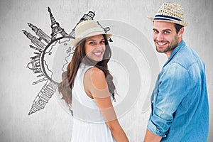 Composite image of happy hipster couple holding hands and smiling at camera