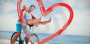 Composite image of happy man giving girlfriend a lift on his crossbar