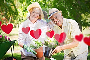 Composite image of happy senior couple gardening