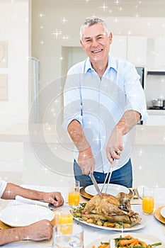 Composite image of happy senior man serving food
