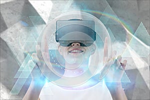 Composite image of happy woman pointing upwards while using virtual reality headset