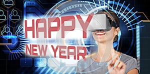 Composite image of happy young woman using virtual reality headset