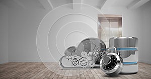 Composite image of hard drive symbol with combination lock and cloud