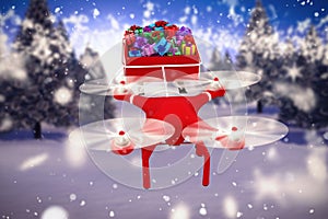 Composite image of high angle view of drone pulling chirstmas sledge