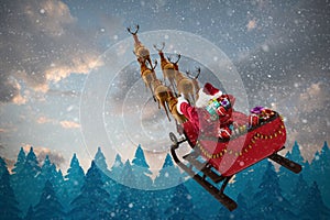 Composite image of high angle view of santa claus riding on sled with gift box