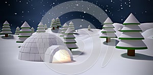 Composite image of igloo with trees on snow field