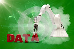 Composite image of image of robotic arm arranging data text 3d