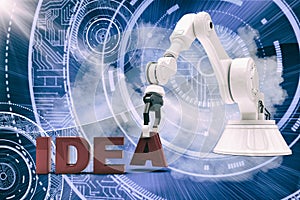 Composite image of image of robotic arm arranging idea text 3d