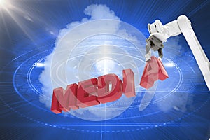 Composite image of image of robotic arm arranging media text 3d