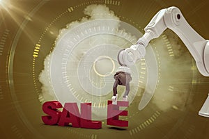 Composite image of image of robotic arm arranging sale text 3d