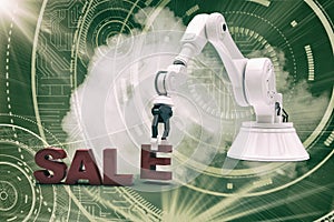 Composite image of image of robotic arm arranging sale text 3d