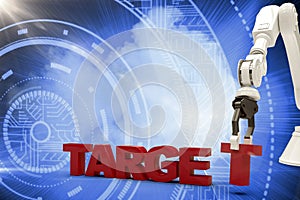 Composite image of image of robotic arm arranging target text 3d