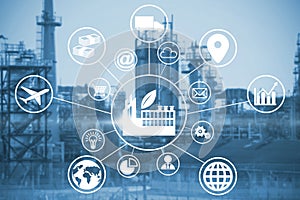 Composite image of composite image of industry amidst various icons