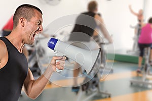 Composite image of irritated male trainer yelling through megaphone