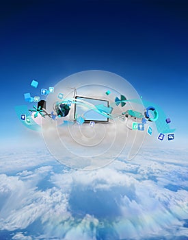 Compuesto imagen de computadora portátil sobre el flotante nube aplicaciones 