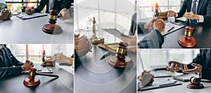 Composite image of lawyer working in office with judge's hammer and scales, law