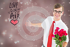 Composite image of love message and nerd man holding bunch of roses