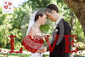 Composite image of loving newly wed couple in garden