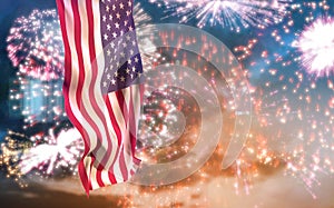 Composite image of low angle view of american flag