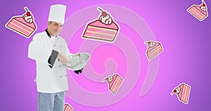 Composite image of male chef preparing food with pastry vector over purple background