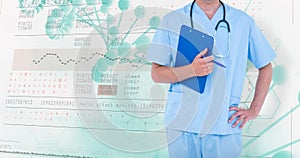 Composite image of male doctor holding clipboard and pen with hand on hip