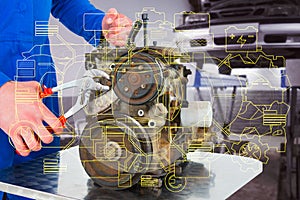 Composite image of male mechanic repairing car engine