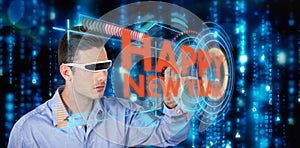 Composite image of man gesturing while using virtual video glasses