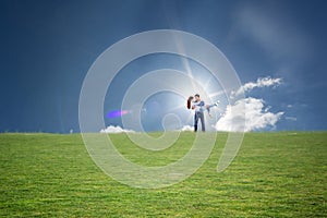 Composite image of man lifting up his girlfriend