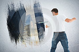 Composite image of man using paint roller on white background