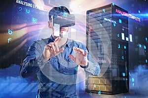 Composite image of man using virtual reality headset 3d
