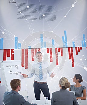 Composite image of manager presenting whiteboard to his colleagues
