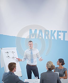 Composite image of manager presenting whiteboard to his colleagues