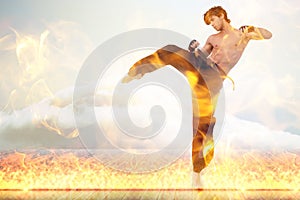 Composite image of martial arts fighter over fire flames