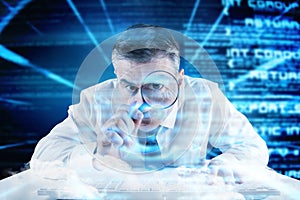 Composite image of mature businessman examining with magnifying glass