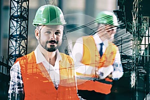 Composite image of men on building construction site