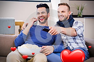 Composite image of men couple and valentines hearts 3d