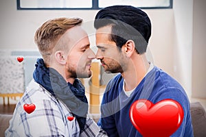 Composite image of men couple and valentines hearts 3d