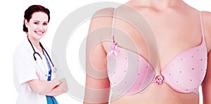 Composite image of mid section of woman wearing pink bra for breast cancer social issue