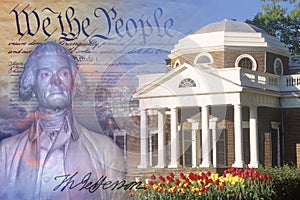 Composite image of Monticello, US Constitution, and bust of Thomas Jefferson with his signature