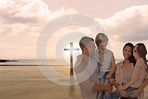 Composite image of mother and father carrying children over white background