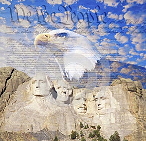 Composite image of Mount Rushmore, bald eagle, U.S. Constitution, and blue sky with white clouds