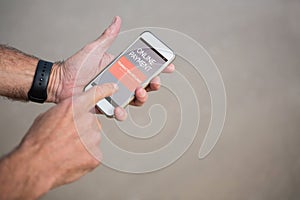 Composite image of online payment text on gray mobile display