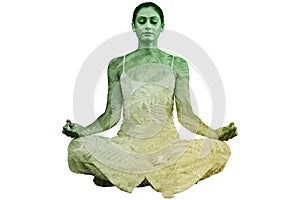 Composite image of peaceful woman in white sitting in lotus pose