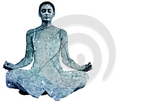 Composite image of peaceful woman in white sitting in lotus pose