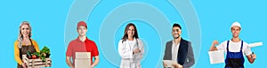 Composite Image With People Of Different Professions Portraits Over Blue Background