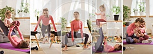 Composite image of photos of young sportive slim woman with little child training together at home. Sport, training